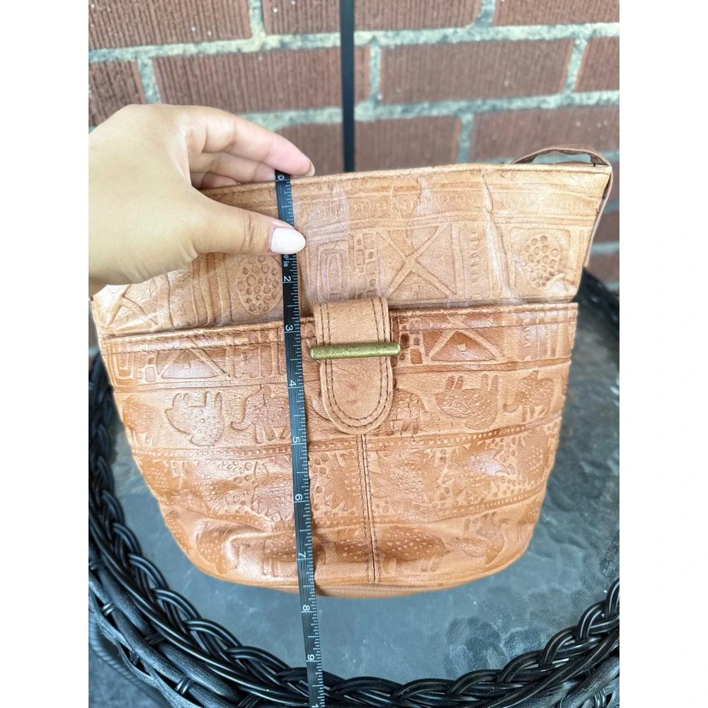 Vintage Tan Embossed Leather Elephant Tribal Crossbody Bucket Bag
